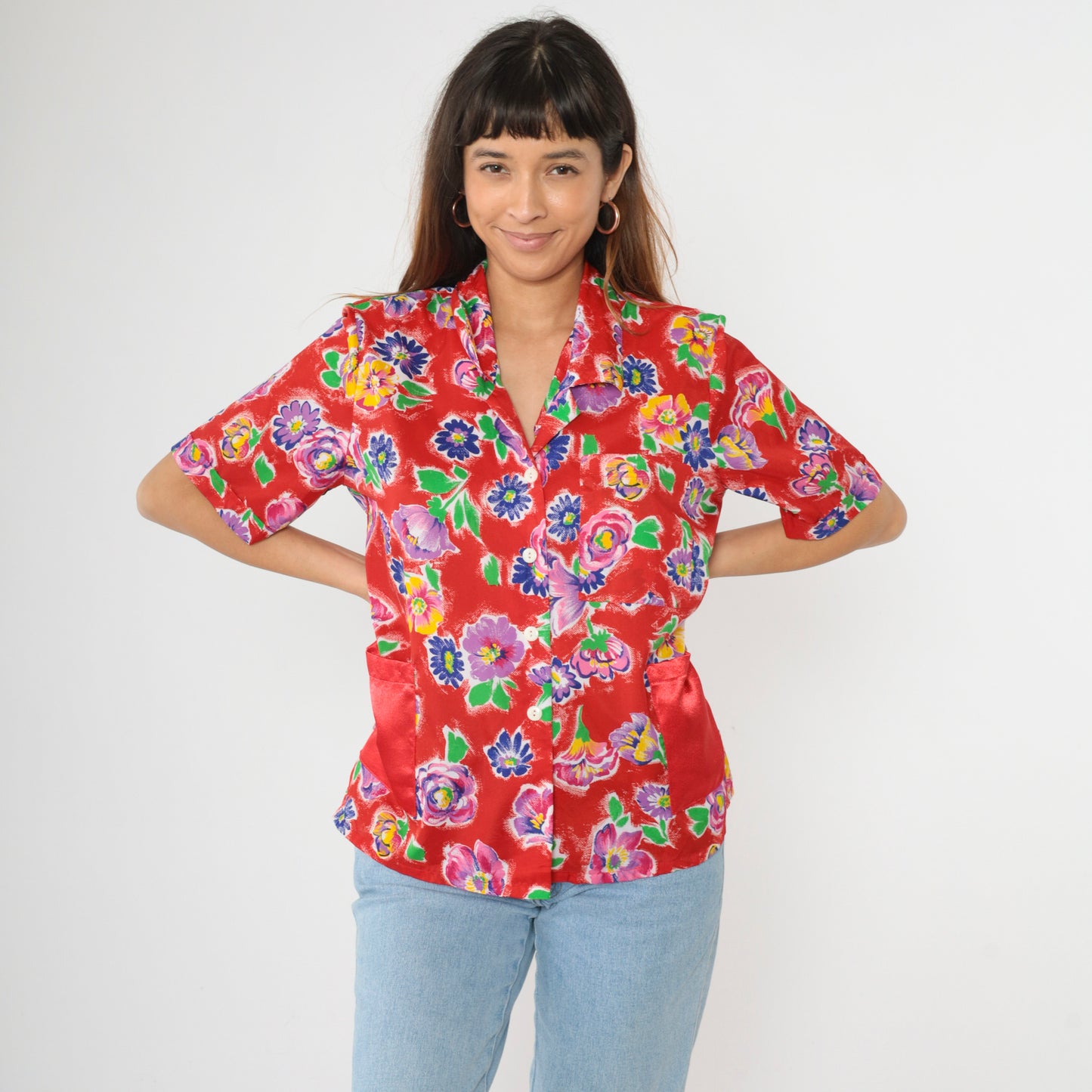 90s Red Floral Button Up Blouse M