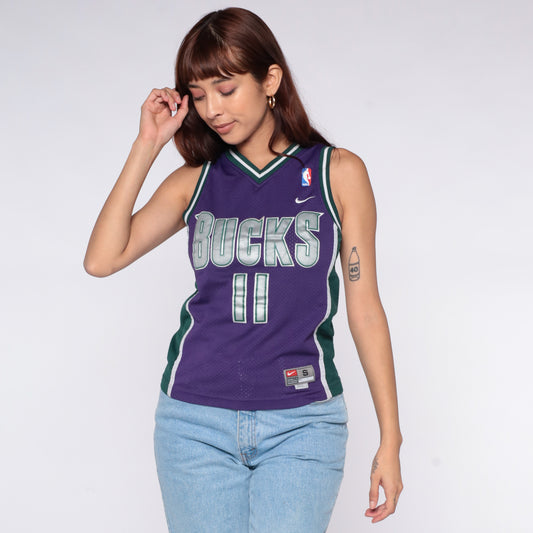 Milwaukee Bucks Jersey Nike Purple Green Basketball NBA Y2K Vintage Number 11 Ford Mesh Athletic Streetwear Top Womens Extra Small XS