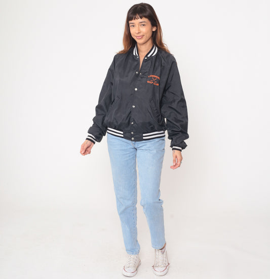90s Golf Bomber Black Varsity Jacket Embroidered Athletic Snap Front Windbreaker Lanesboro Club Vintage United Sport Apparel Stripes Small S