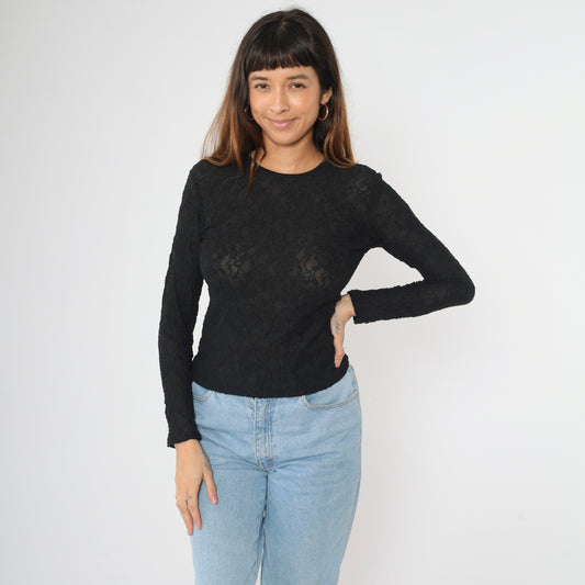 Y2K Sheer Black Lace Shirt S