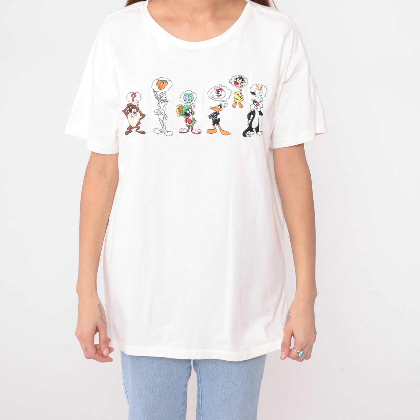 Y2K Looney Tunes Shirt White Cotton Tee Warner Bros Bugs Bunny Daffy Duck Pepe Le Pew Tasmanian Devil Marvin Martian Cartoon Graphic Vintage 2000s Studio Store Large L