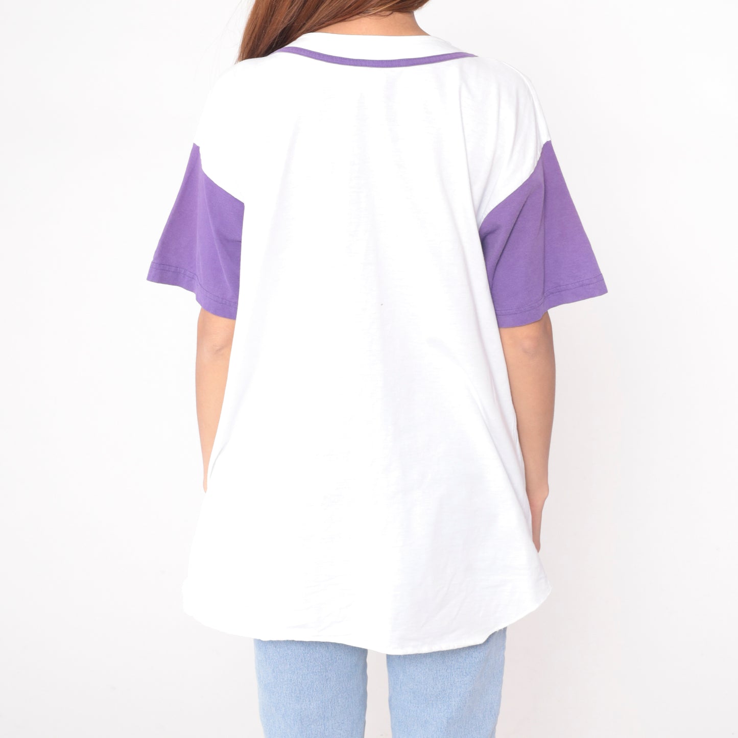 90s Looney Tunes Baseball Jersey Button Front Tweety Bugs Bunny White Purple Character Sun Sportswear Vintage Short Sleeve Top Extra Large