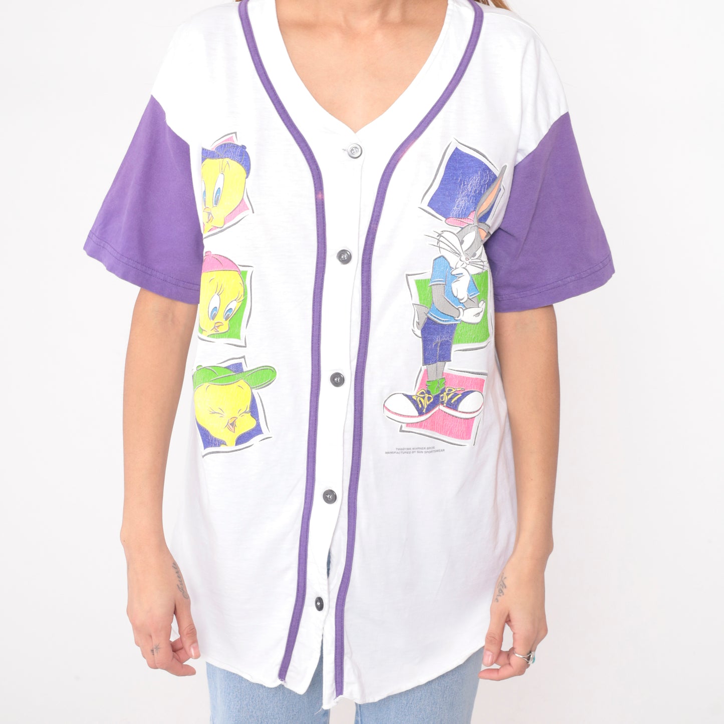 90s Looney Tunes Baseball Jersey Button Front Tweety Bugs Bunny White Purple Character Sun Sportswear Vintage Short Sleeve Top Extra Large