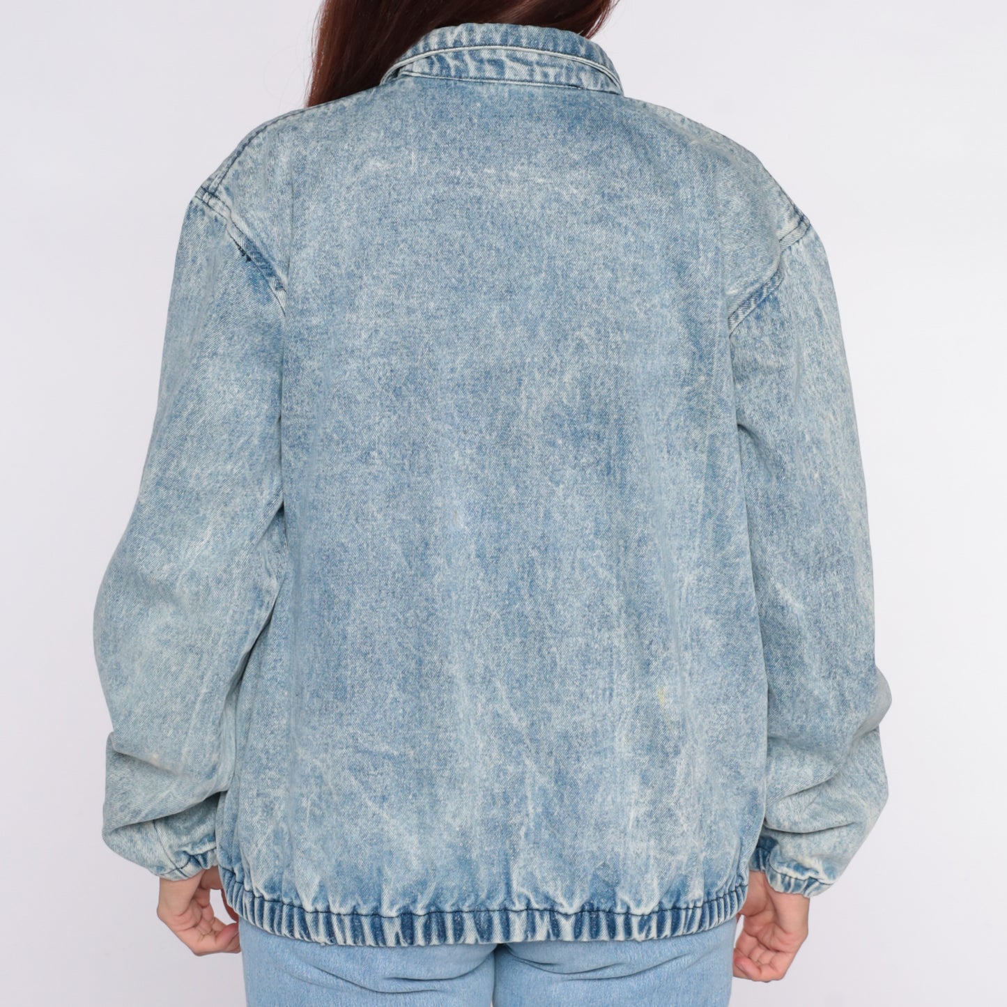 San Francisco 49ers Denim Jacket 80s Acid Wash Bomber Chalk Line Blue NFL Football Cotton Elastic Waist Vintage Sports Windbreaker Large L