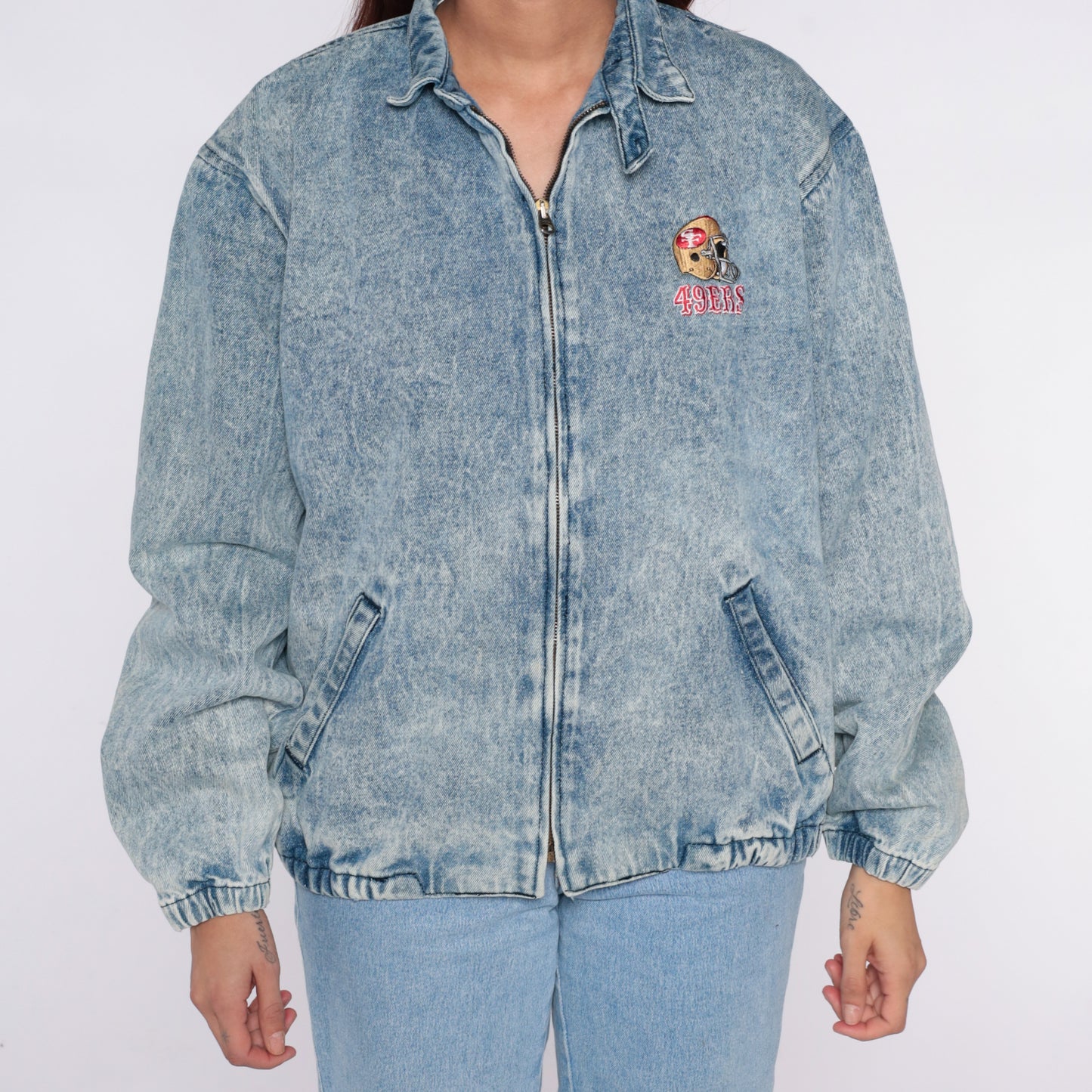San Francisco 49ers Denim Jacket 80s Acid Wash Bomber Chalk Line Blue NFL Football Cotton Elastic Waist Vintage Sports Windbreaker Large L
