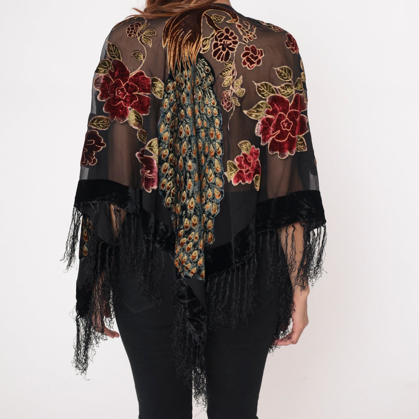 Silk Peacock Shawl Kimono Floral Embroidered Black Lace Fringe Sheer Open Front Velvet Bohemian Vintage Coverup Jacket Gold Large L
