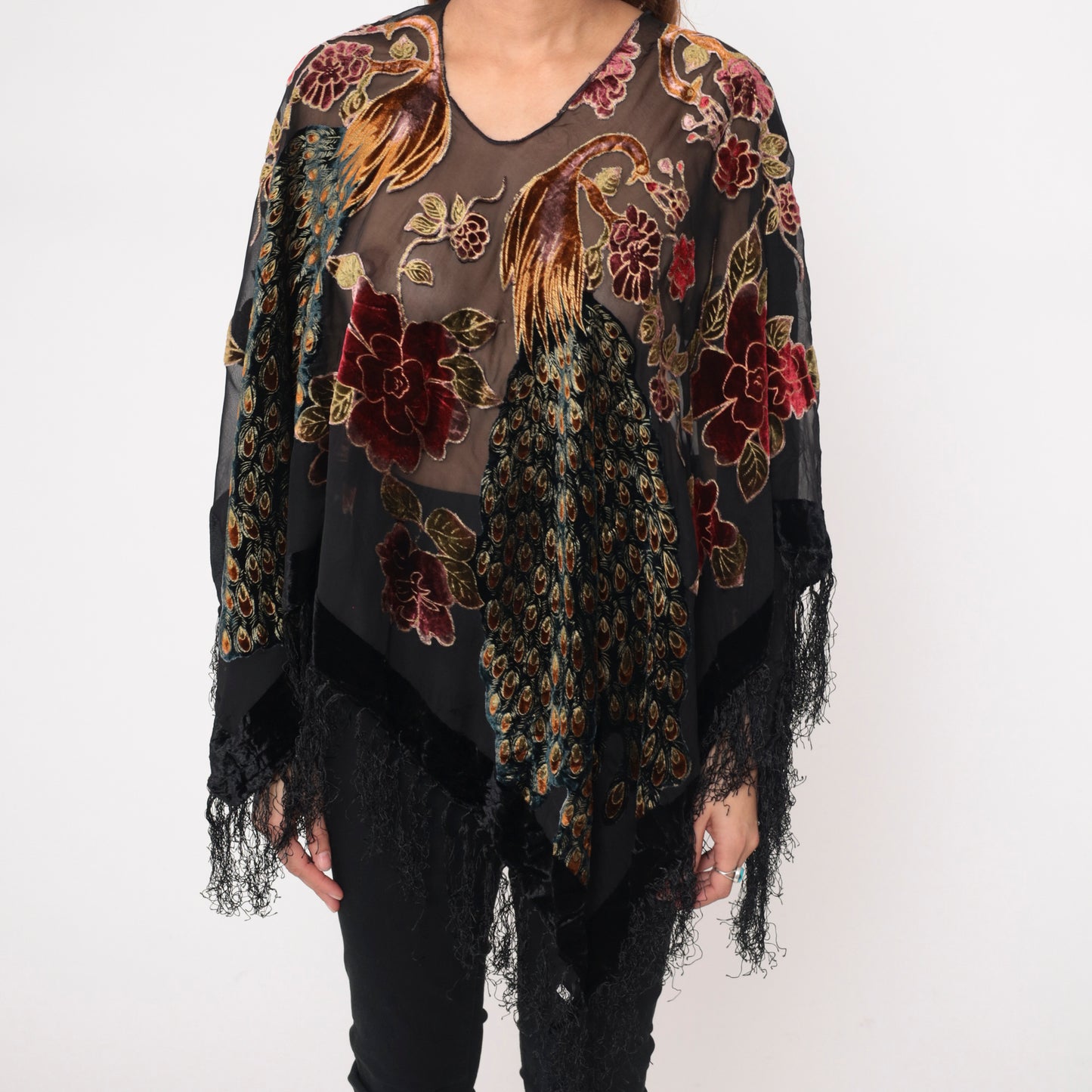 Silk Peacock Shawl Kimono Floral Embroidered Black Lace Fringe Sheer Open Front Velvet Bohemian Vintage Coverup Jacket Gold Large L
