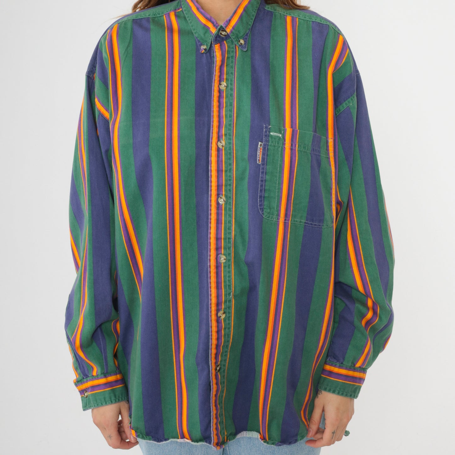 90s Green Striped Button Up Shirt Men's L