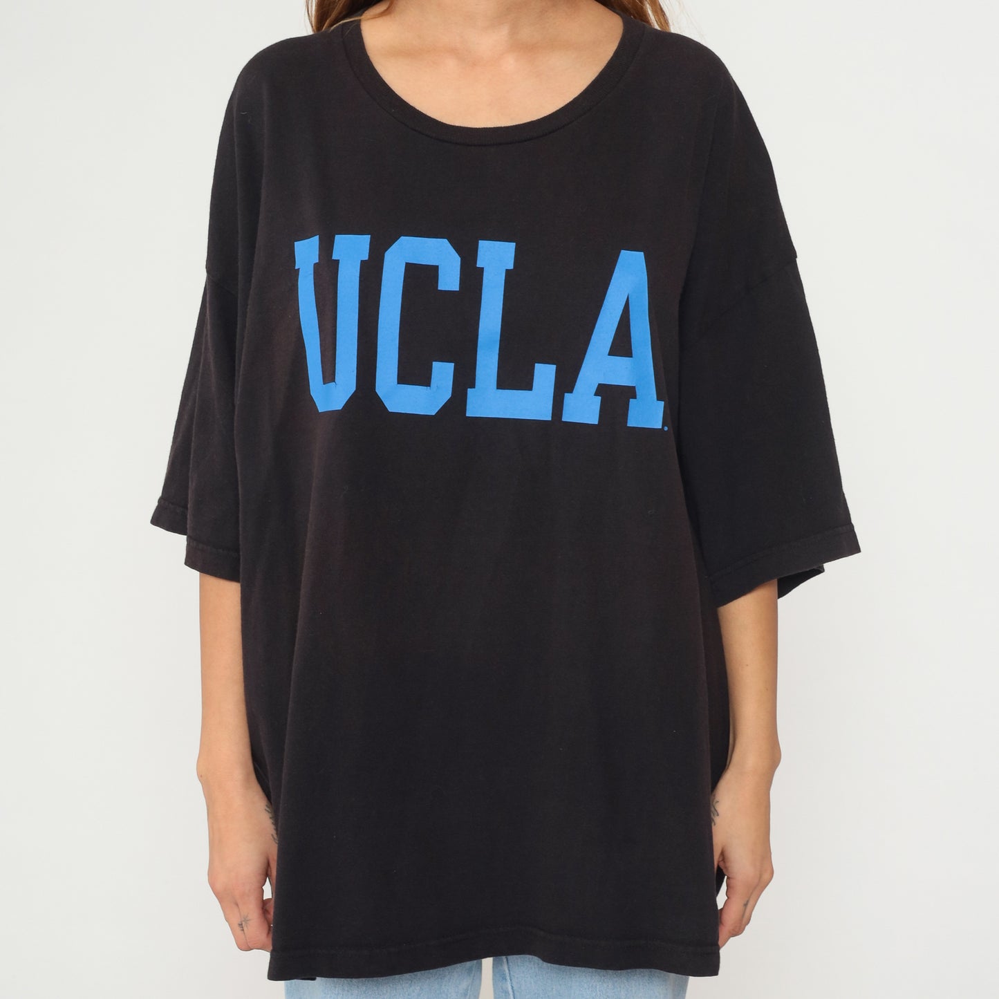 Black UCLA Shirt Y2K Plus Size Blue Cotton Graphic Shirt University College 3/4 Sleeve Vintage Streetwear Collegiate Extra Extra Large XXL