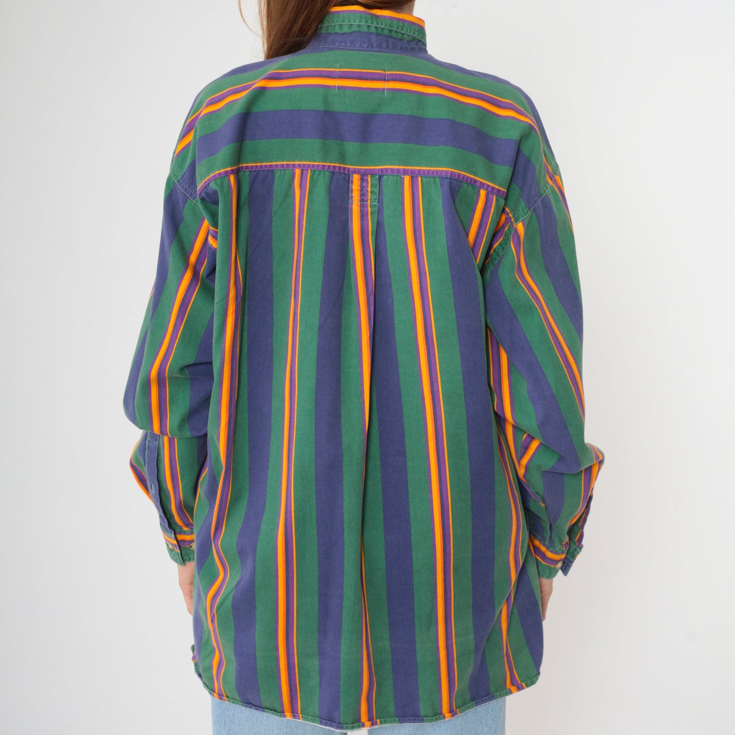 90s Green Striped Button Up Shirt Men's L
