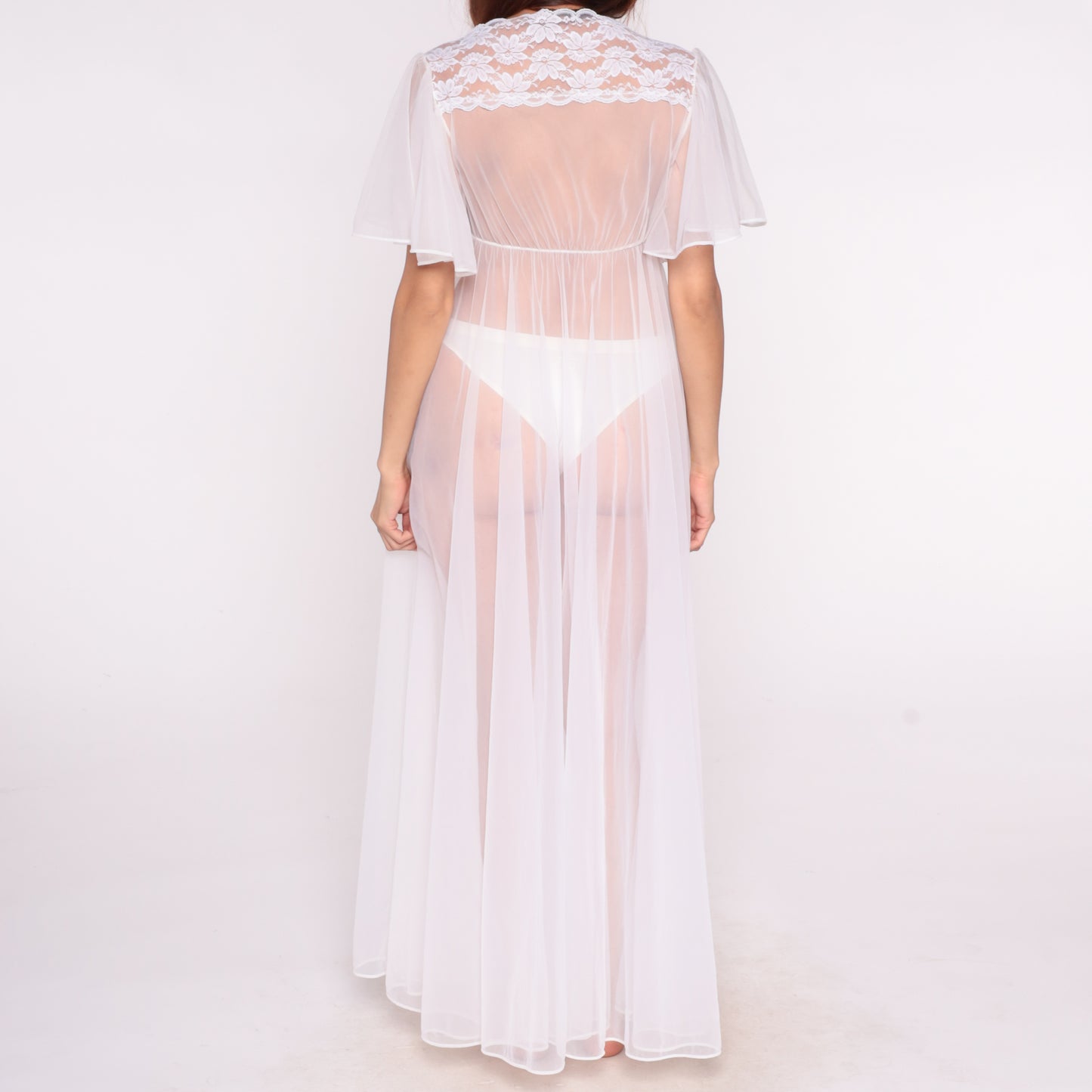 70s White Lace Robe Duster Sheer Flutter Sleeve Coquette Fairycore Victorian Bridal Lingerie Nightgown  Loungewear Medium To Large M L