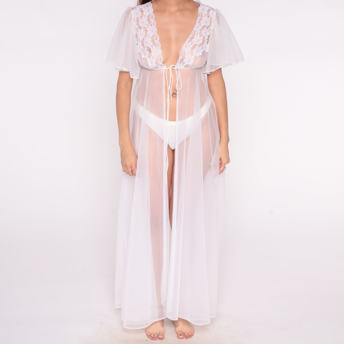 70s White Lace Robe Duster Sheer Flutter Sleeve Coquette Fairycore Victorian Bridal Lingerie Nightgown  Loungewear Medium To Large M L