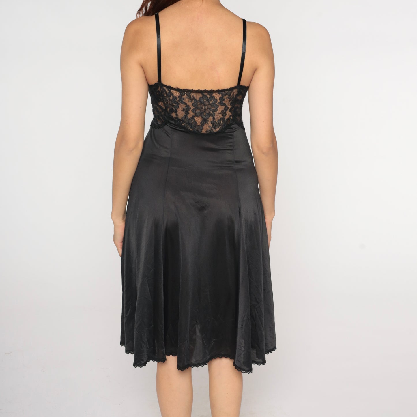 Black Lace Slip Dress 80s Midi Negligee Nightgown Vintage Cami Lingerie Style V Neck A Line Sheer Bodice Evening Sexy Date Night Small S