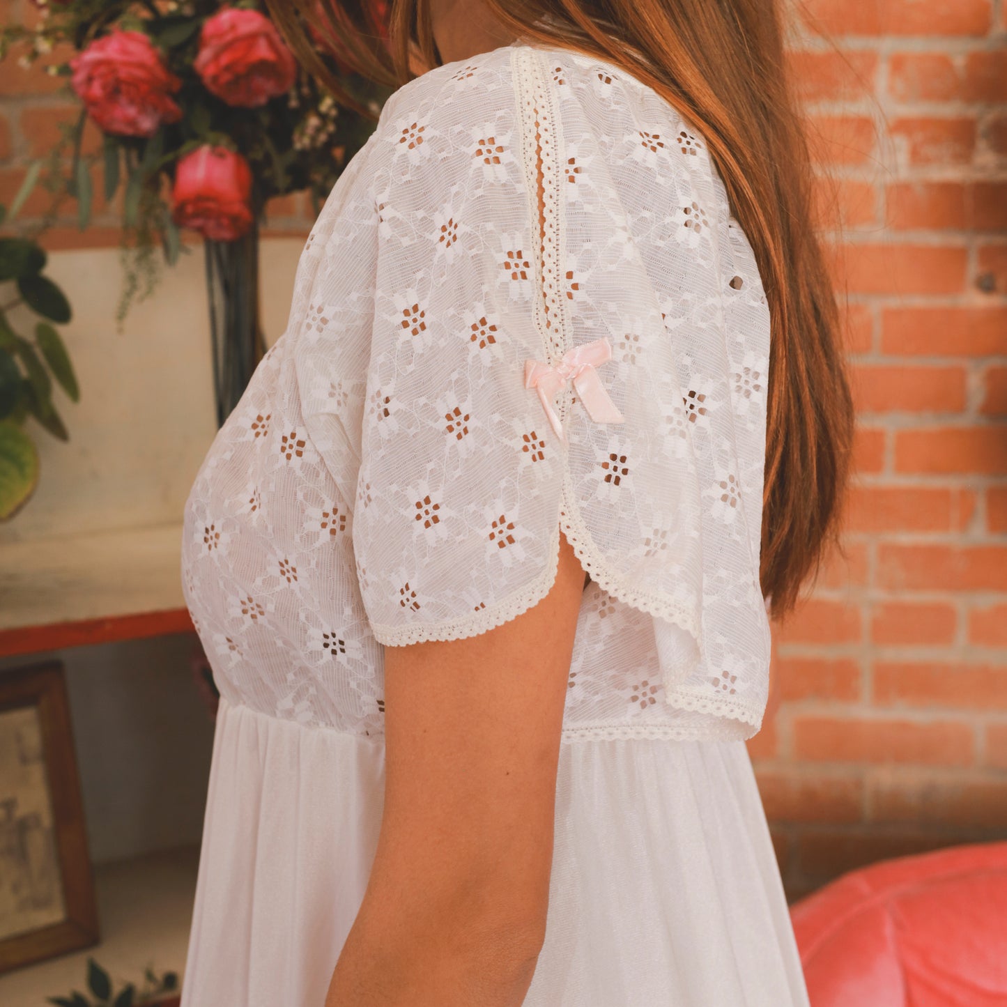 White Nightgown Embellished Lace Sleeves with Pink Bow