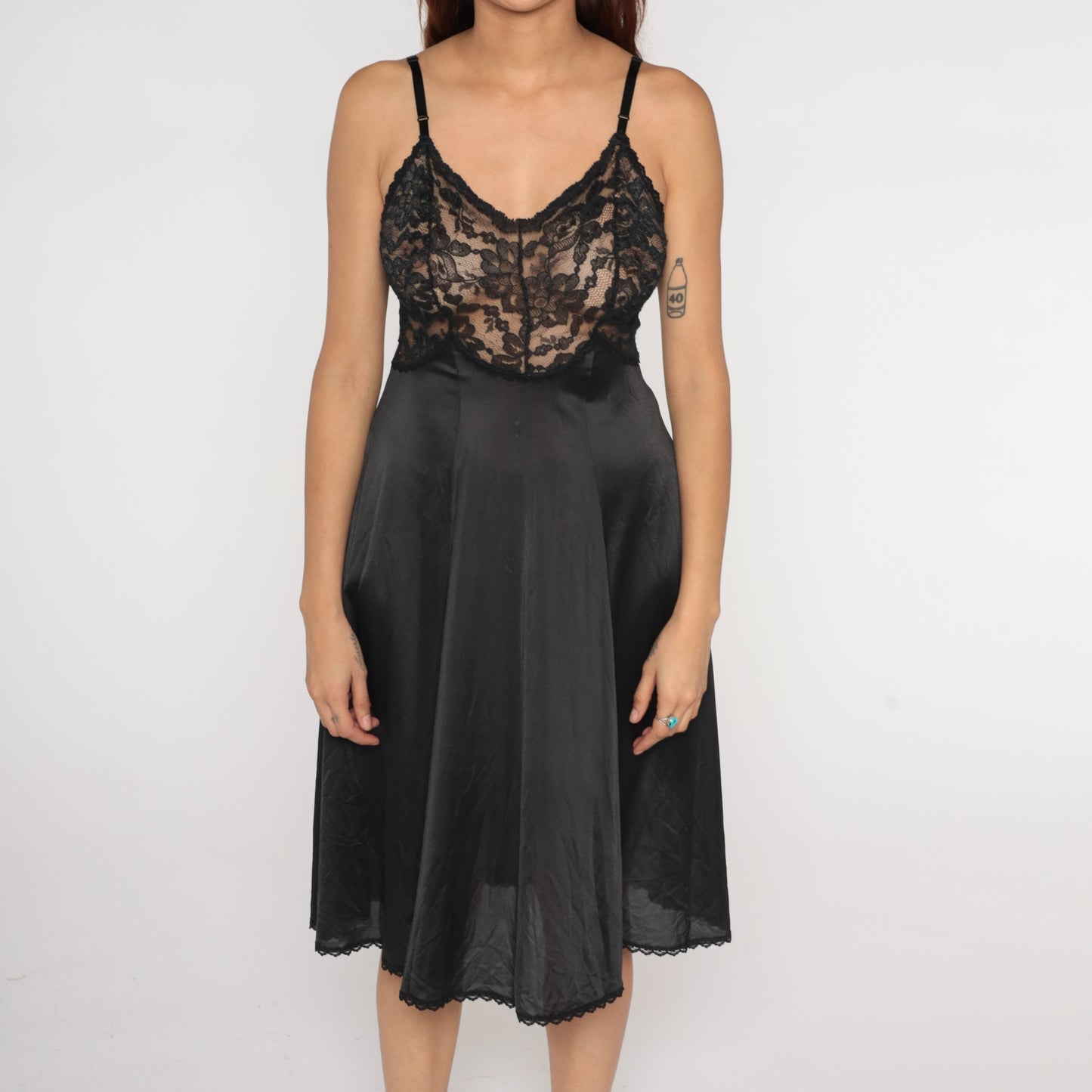 Black Lace Slip Dress 80s Midi Negligee Nightgown Vintage Cami Lingerie Style V Neck A Line Sheer Bodice Evening Sexy Date Night Small S