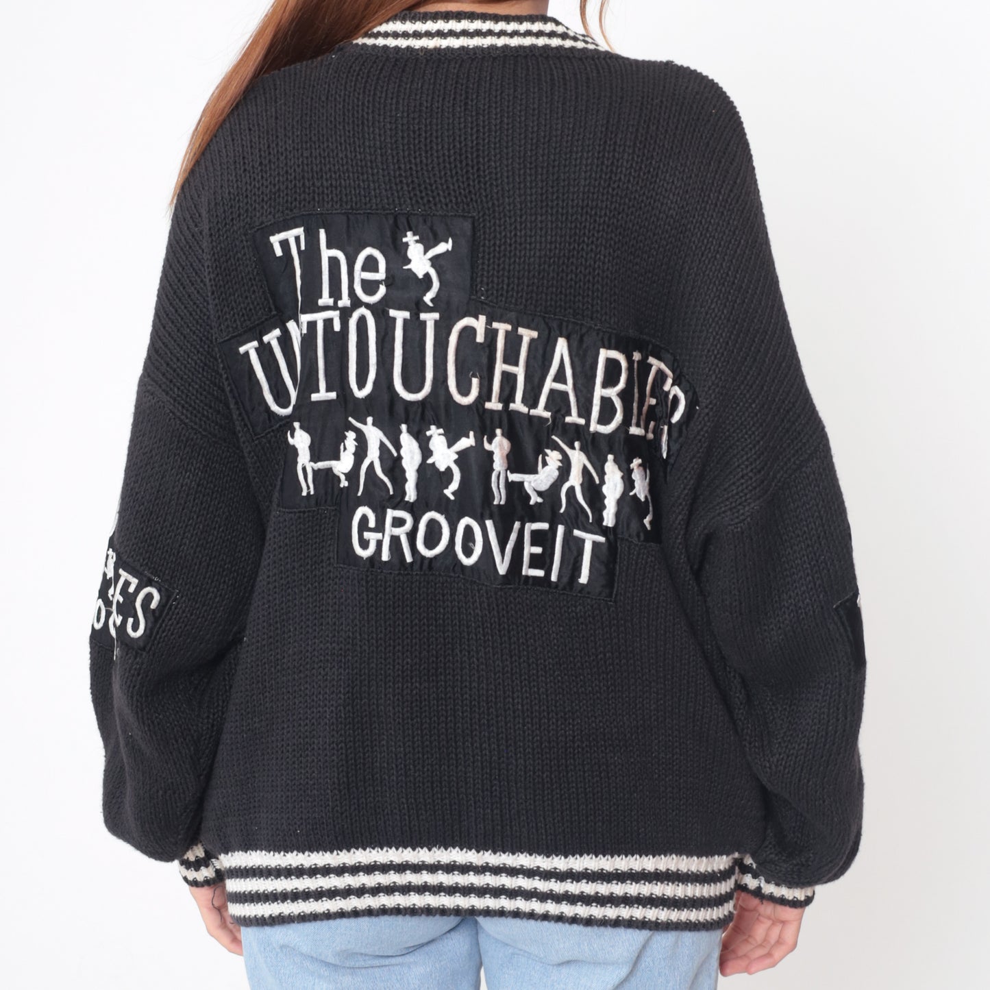 90s Untouchables Cardigan Black White Checkered Argyle Pattern Graphic Cotton Vintage Streetwear Dance Music Extra Large XL