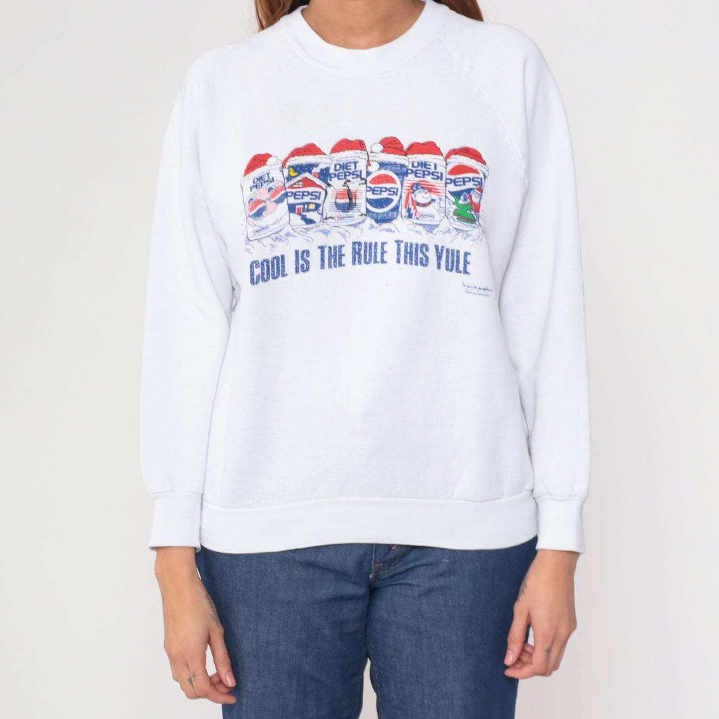 90s Pepsi Christmas Sweatshirt White Diet Pepsi Santa Holiday Crewneck Pullover Vintage Fruit Of The Loom Novelty Print Yule Large L