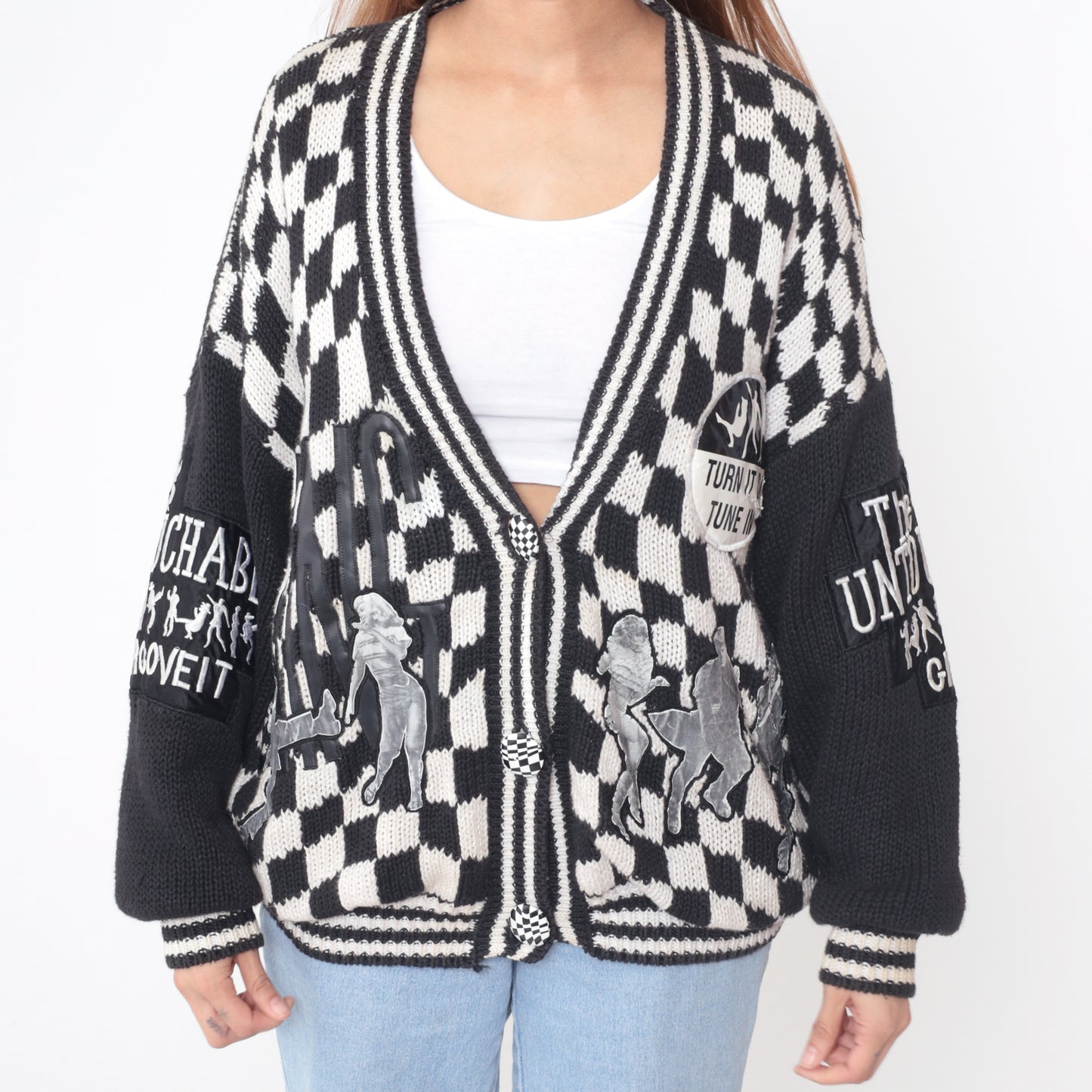 90s Untouchables Cardigan Black White Checkered Argyle Pattern Graphic Cotton Vintage Streetwear Dance Music Extra Large XL