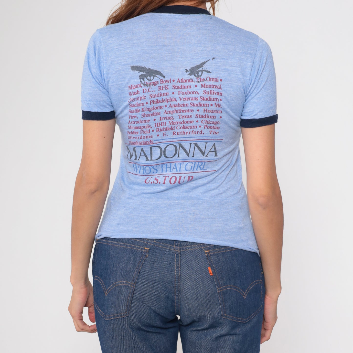 Madonna Who's That Girl Tour Shirt 80s Concert Tee Blue Ringer Vintage Band Tee Crew Neck Graphic U.S. World Tour Cities Periwinkle Small S