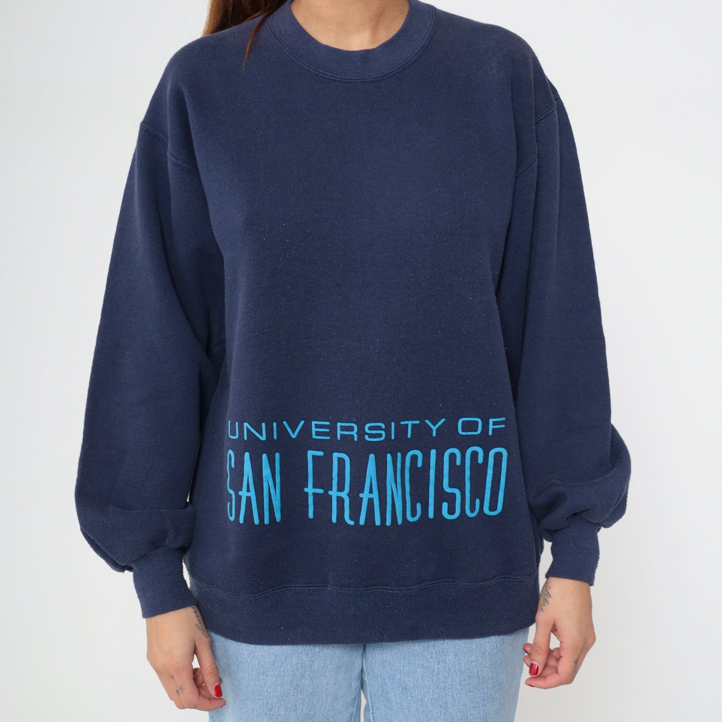 University of San Francisco Sweatshirt 80s Navy Blue College Crew Neck Vintage Athletic Preppy Light Academia Pullover Extra Large XL