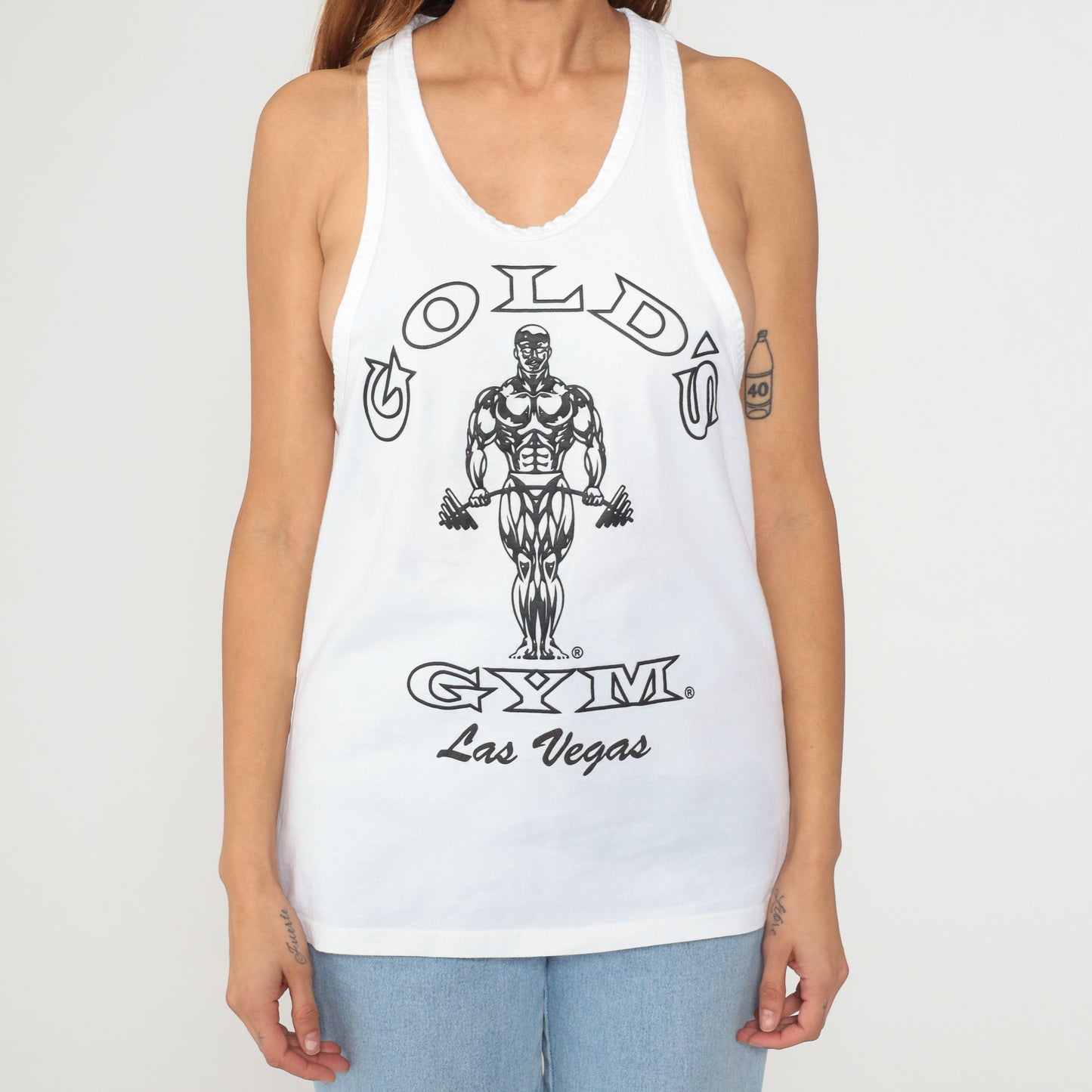 Golds Gym Tank Top 90s White Racerback Las Vegas Cotton Athletic Vintage Workout Muscle Shirt Fitness Training Gym Wear Bodybuilding Medium