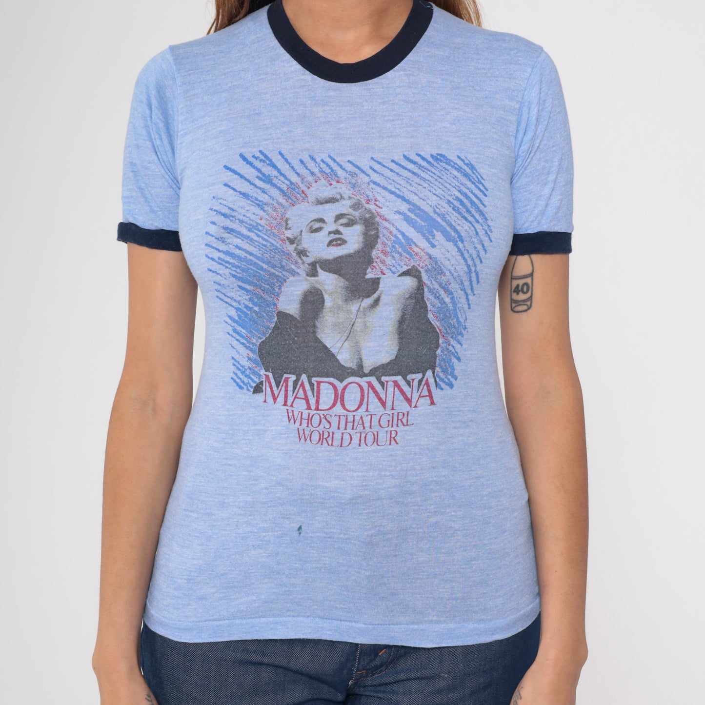 Madonna Who's That Girl Tour Shirt 80s Concert Tee Blue Ringer Vintage Band Tee Crew Neck Graphic U.S. World Tour Cities Periwinkle Small S