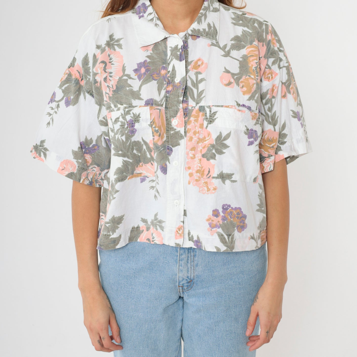 90s Chest Pocket Floral Blouse M