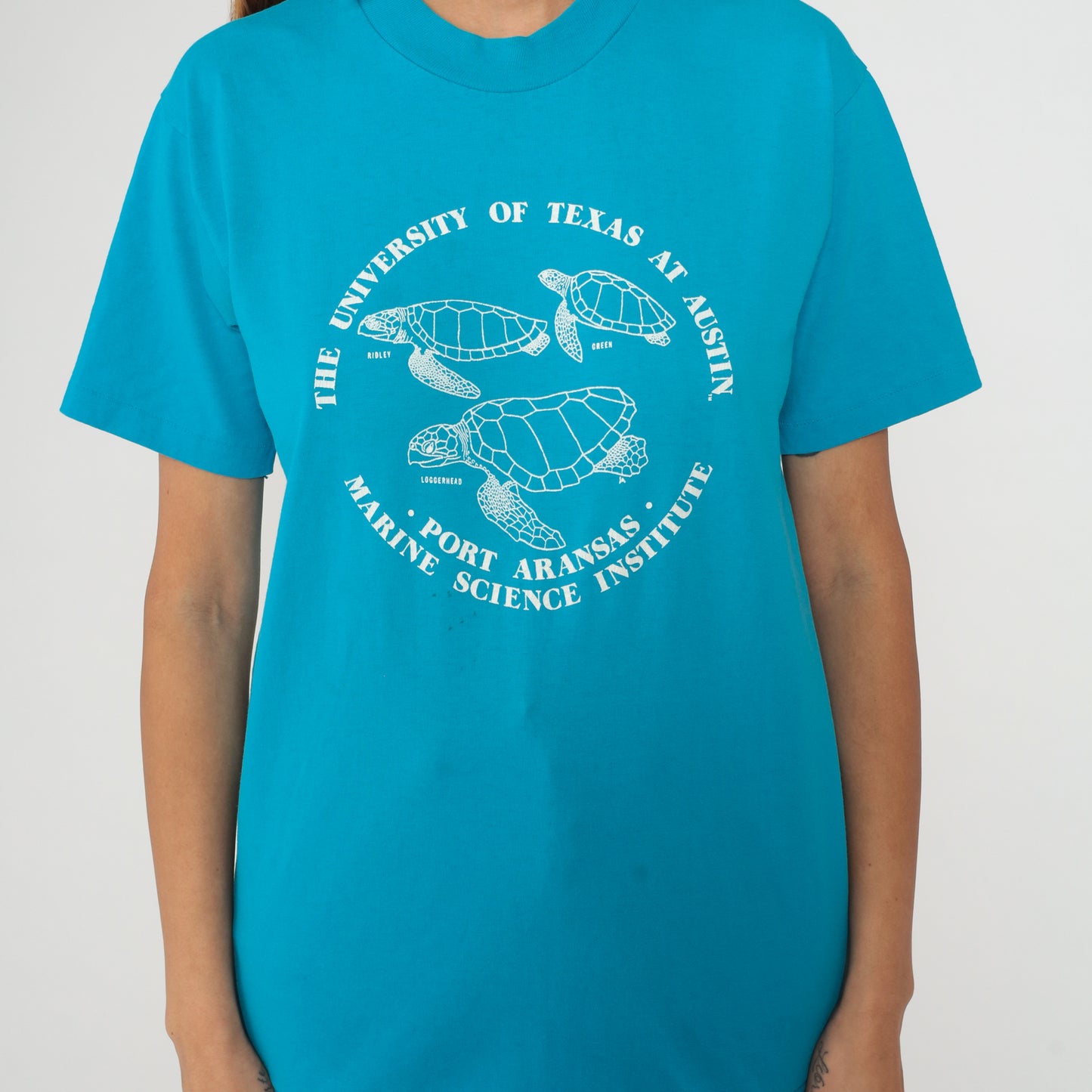 90s University Texas Marine Science Institute Sea Turtle Teal Turquoise Cotton T Shirt Vintage College Austin Wildlife Ocean Biology Medium