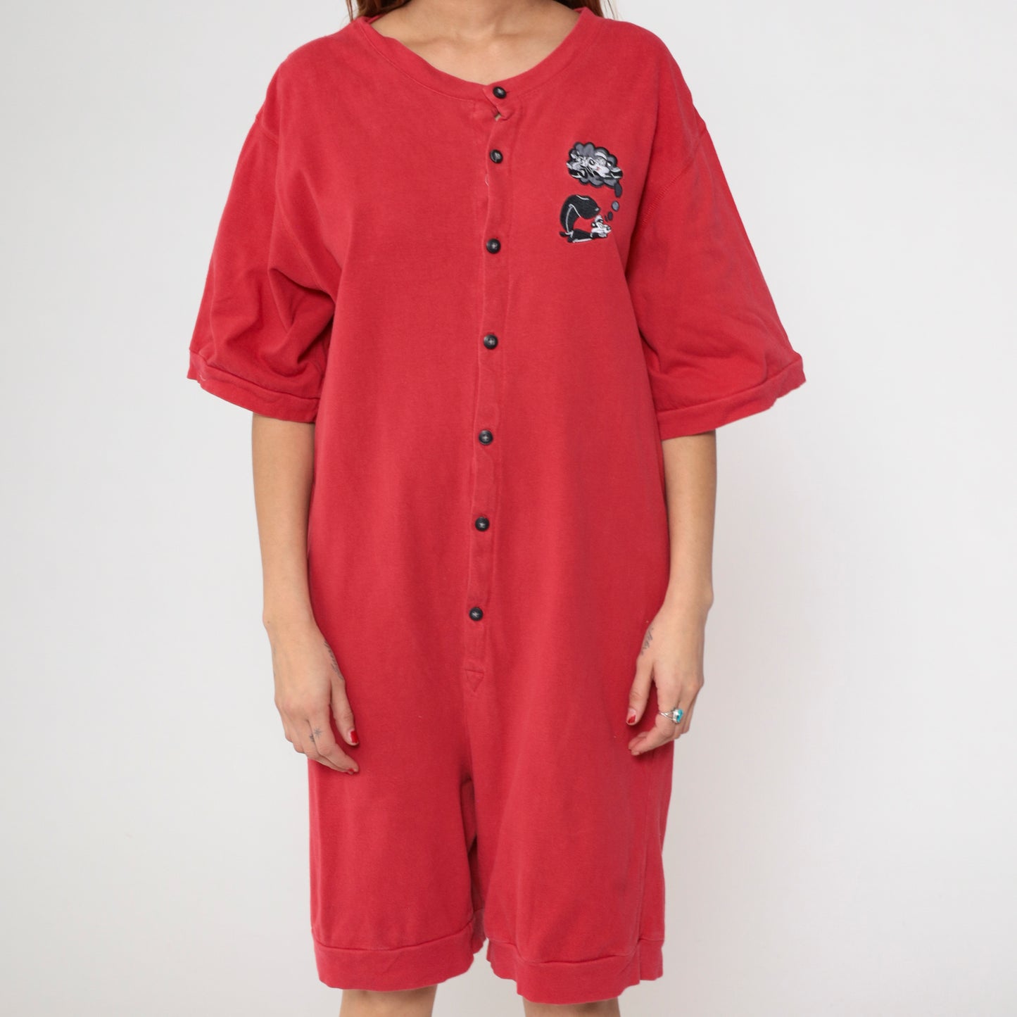 Pepe Le Pew Romper Looney Tunes Pjs 90s Warner Bros Jumpsuit Red One Piece Cartoon Embroidered Vintage Loungewear Playsuit Extra Large XL