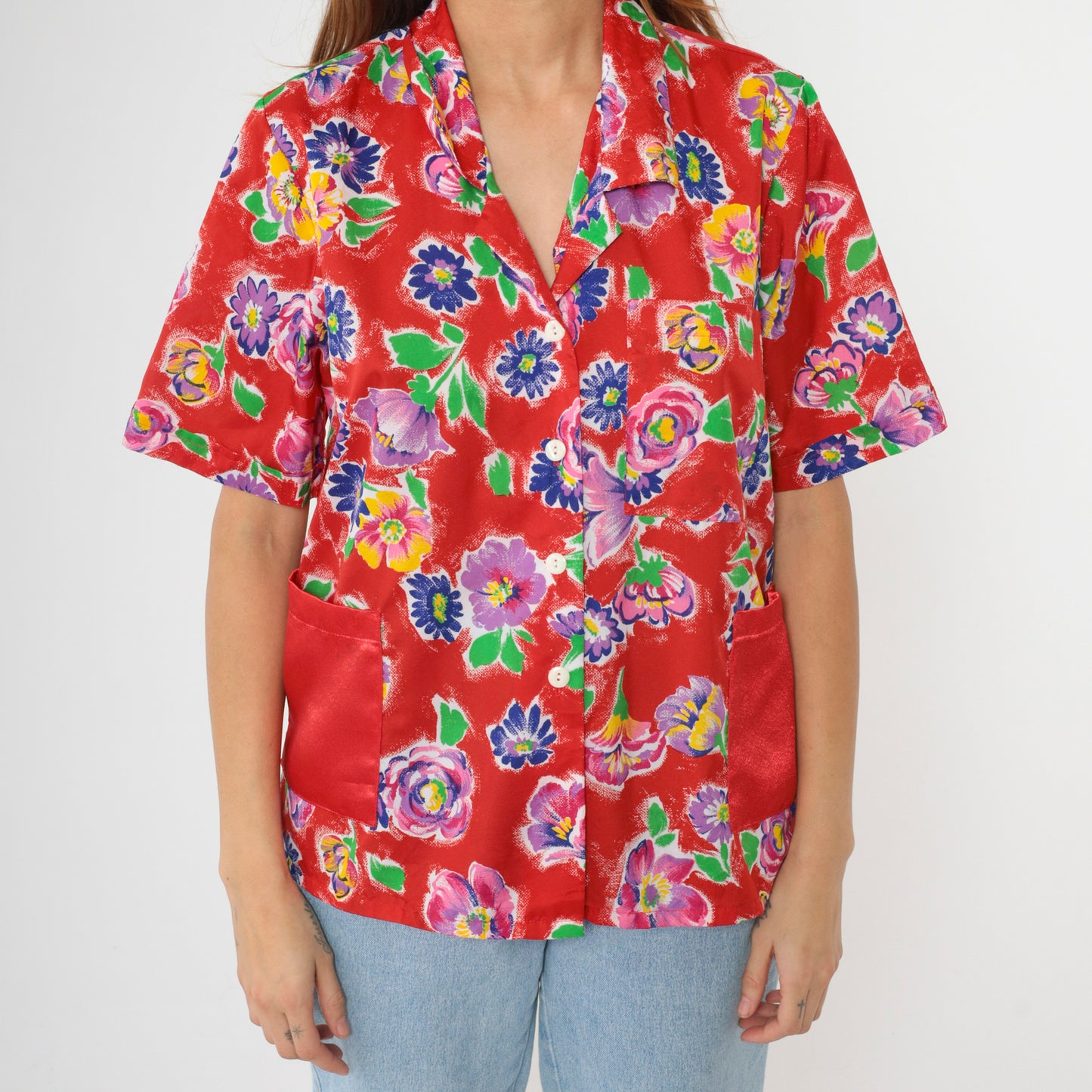90s Red Floral Button Up Blouse M