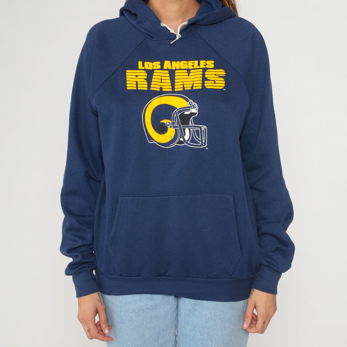 80s NFL Los Angeles Rams Hoodie Navy Blue Football Sweatshirt Vintage Athletic Pullover Kangaroo Pocket Team Official License Men's Large L