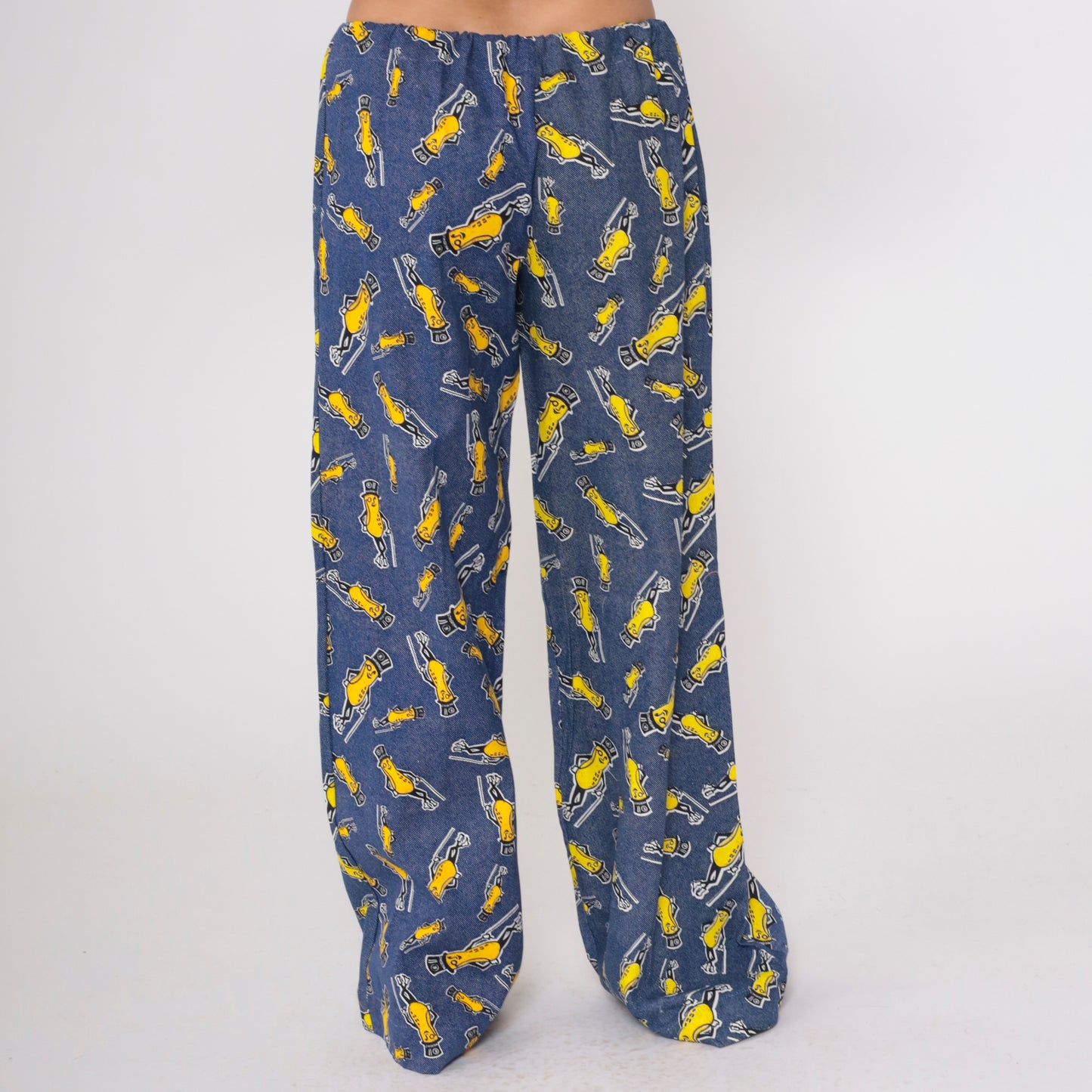 70s Planters Peanuts Pants Blue Yellow Mascot Pajama Lounge Wide Leg Drawstring Waist Palazzo Novelty Character Vintage Sleep Wear Medium M