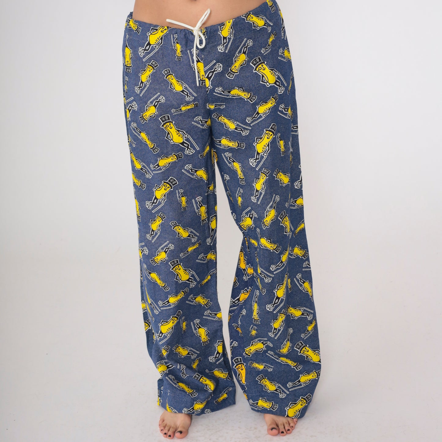 70s Planters Peanuts Pants Blue Yellow Mascot Pajama Lounge Wide Leg Drawstring Waist Palazzo Novelty Character Vintage Sleep Wear Medium M