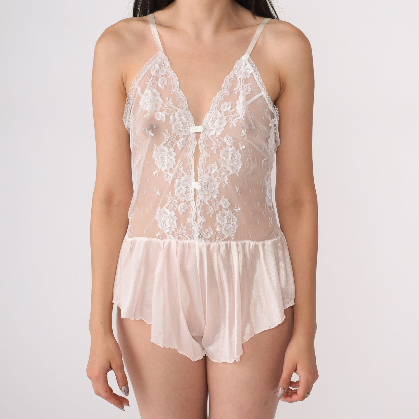 80's White Lace and Pink Nylon Teddy