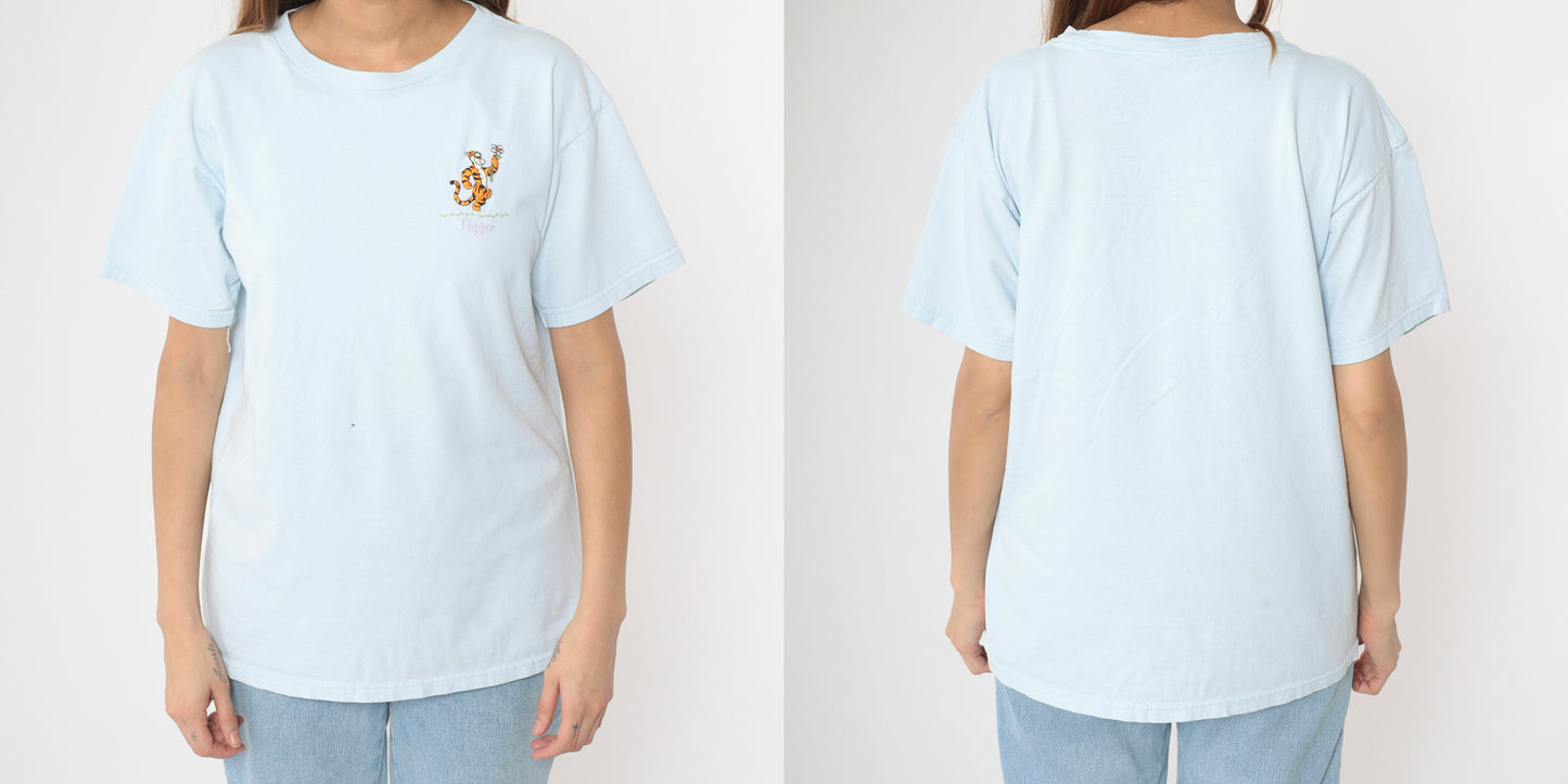 Embroidered Tigger Shirt Y2K Disney T-Shirt Baby Blue Winnie The Pooh Graphic Tee Cartoon Tshirt Streetwear Retro Top Vintage 00s Large