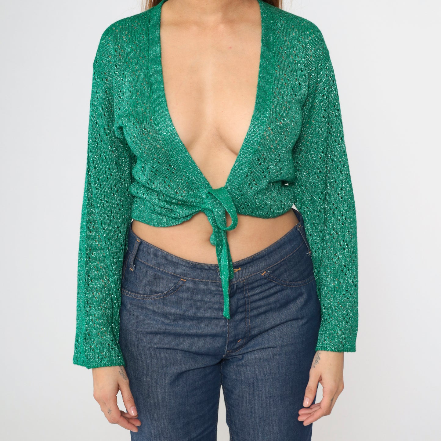 Vintage 70s Metallic Green Knit Crop Top S