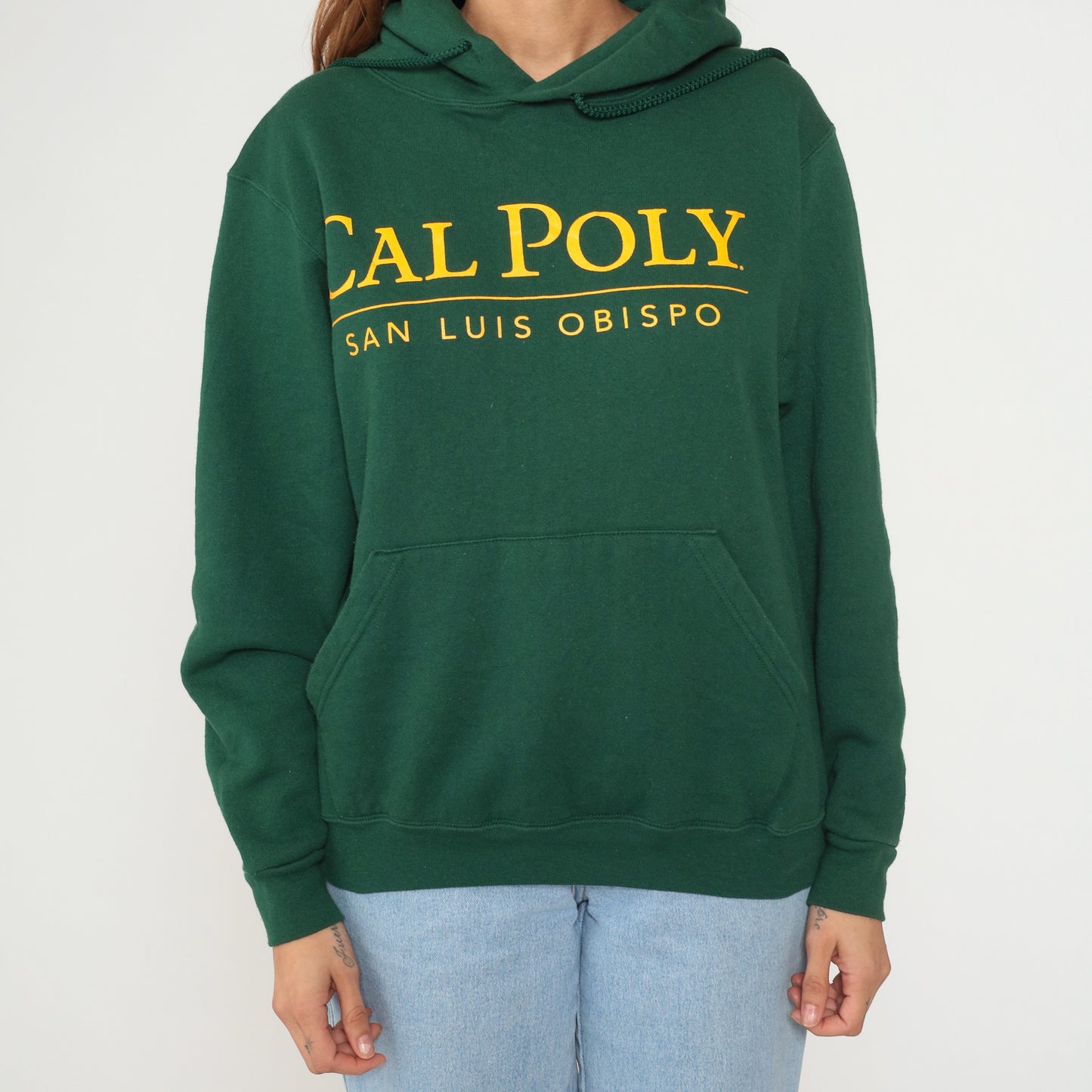 Cal Poly San Luis Obispo Hoodie 90s Green University College Sweatshirt Cotton Vintage Pullover Yellow Letters Front Pocket Drawstring California State School Medium M