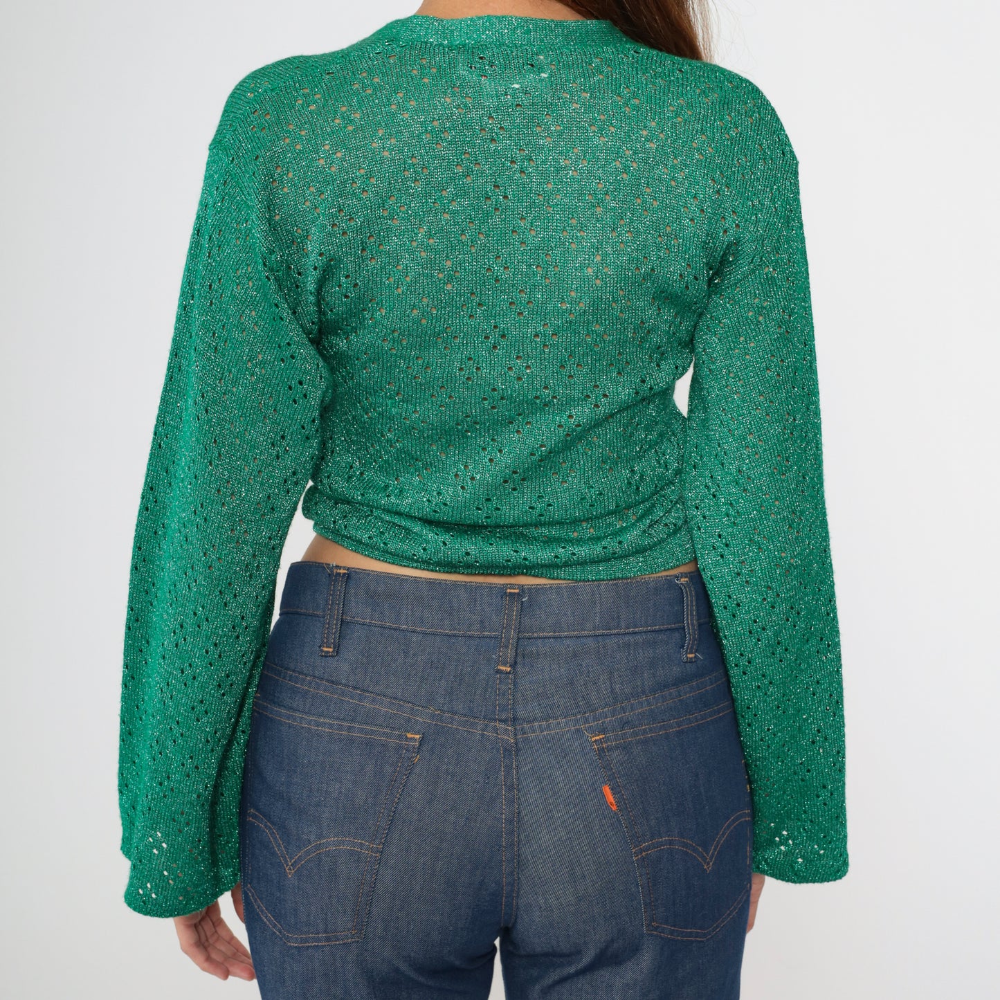Vintage 70s Metallic Green Knit Crop Top S