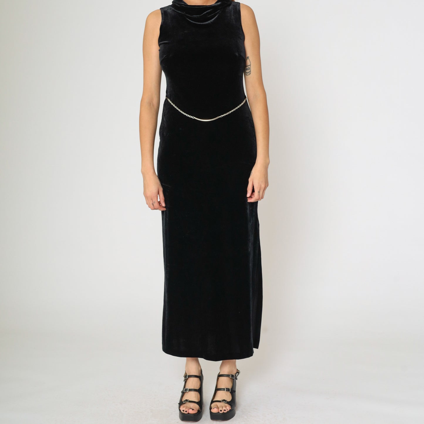 90s Black Velvet Maxi Dress with Chain Belt 5/6