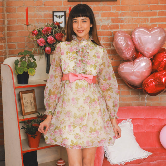 70s Mini Mod Floral Print Dress Ruffle Bib Pink Bow