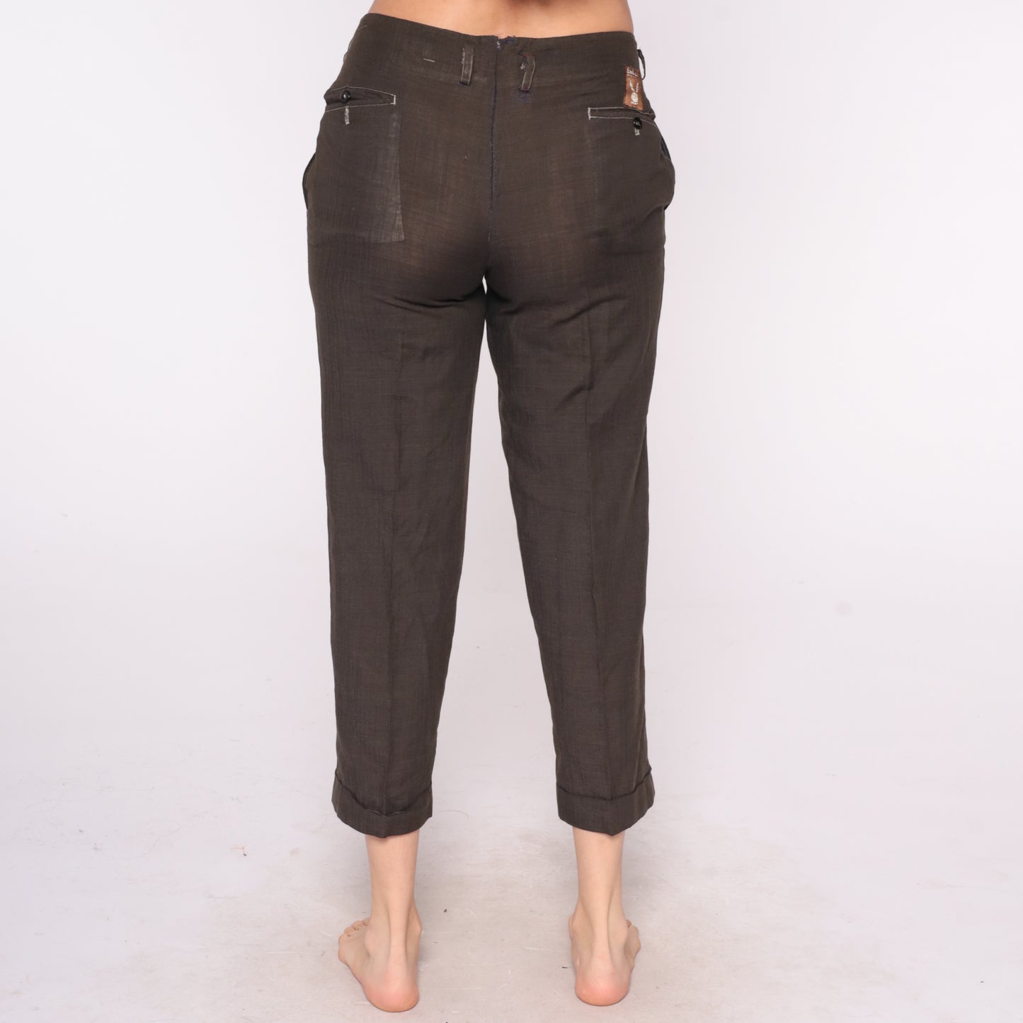 60s Playboy Pants Brown High Rise Cropped Capri Cuffed Pleated Pockets Belt Tabs Vintage Bunny Logo Patch Utility Trousers Medium Play Boy M