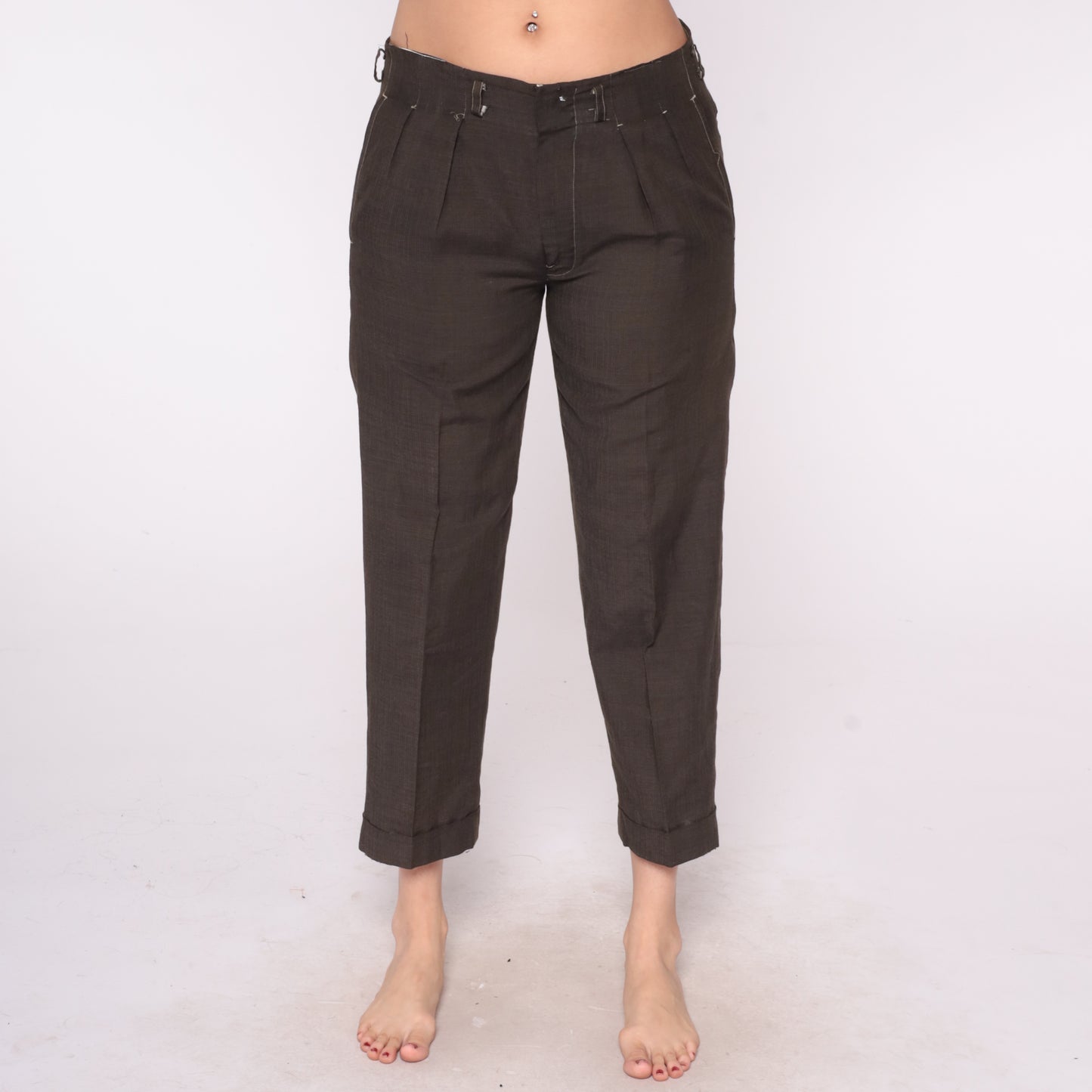 60s Playboy Pants Brown High Rise Cropped Capri Cuffed Pleated Pockets Belt Tabs Vintage Bunny Logo Patch Utility Trousers Medium Play Boy M