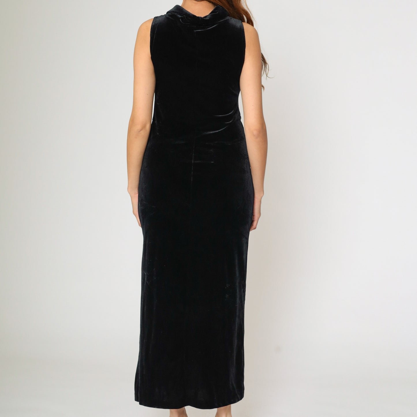 90s Black Velvet Maxi Dress with Chain Belt 5/6