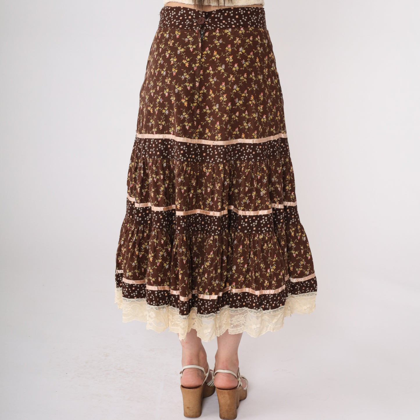 70's Ruffled Brown Floral Prairie Skirt