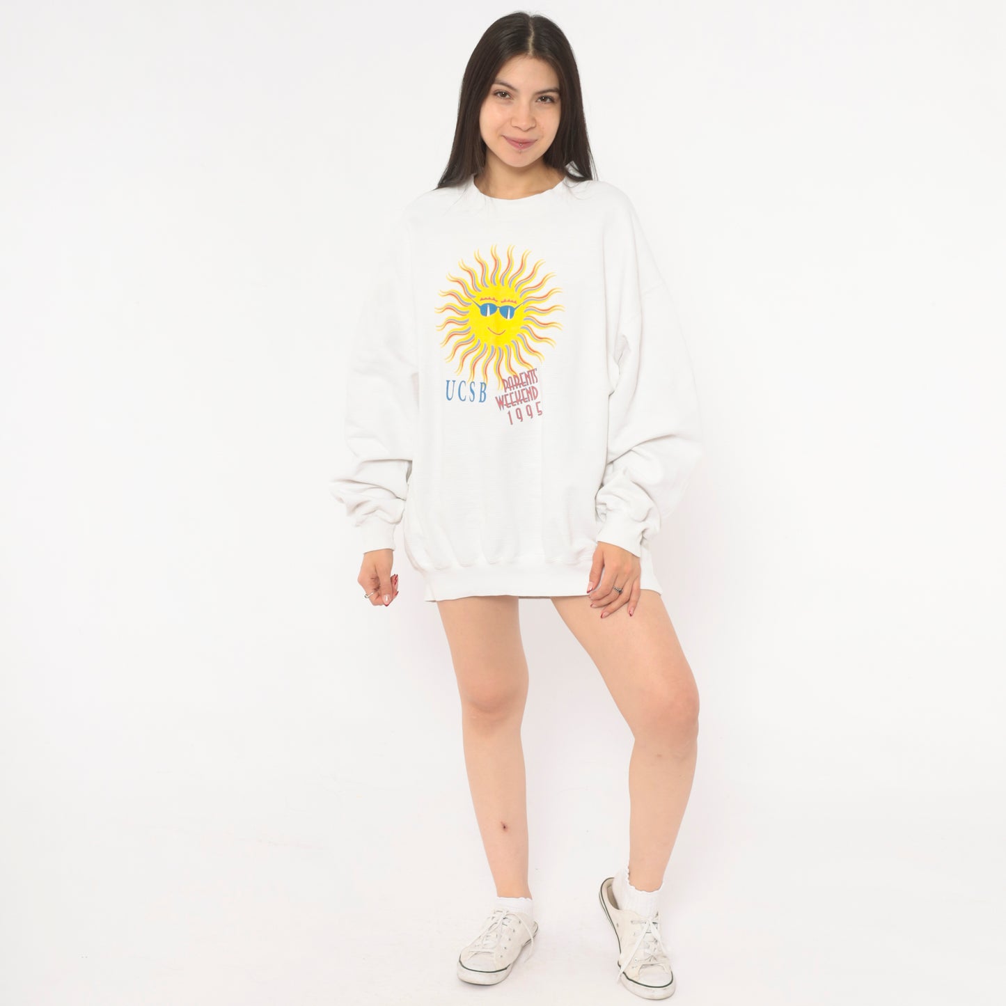 90s UCSB Sun Graphic Sweatshirt White Cotton College University Santa Barbara Pullover Collegiate Vintage Cream Unisex Top Extra Large XL