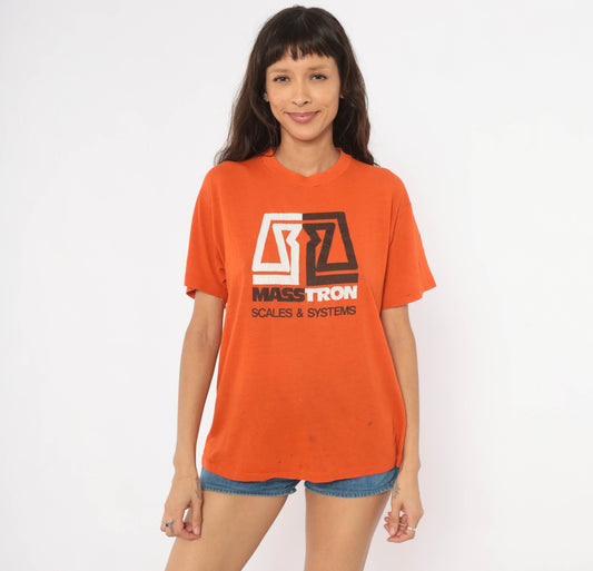 80s Masstron Scales Logo Tee Orange Corporate V Neck Short Sleeve Cotton Blend Vintage Industrial Company Promo  Amber Work Shirt Medium M
