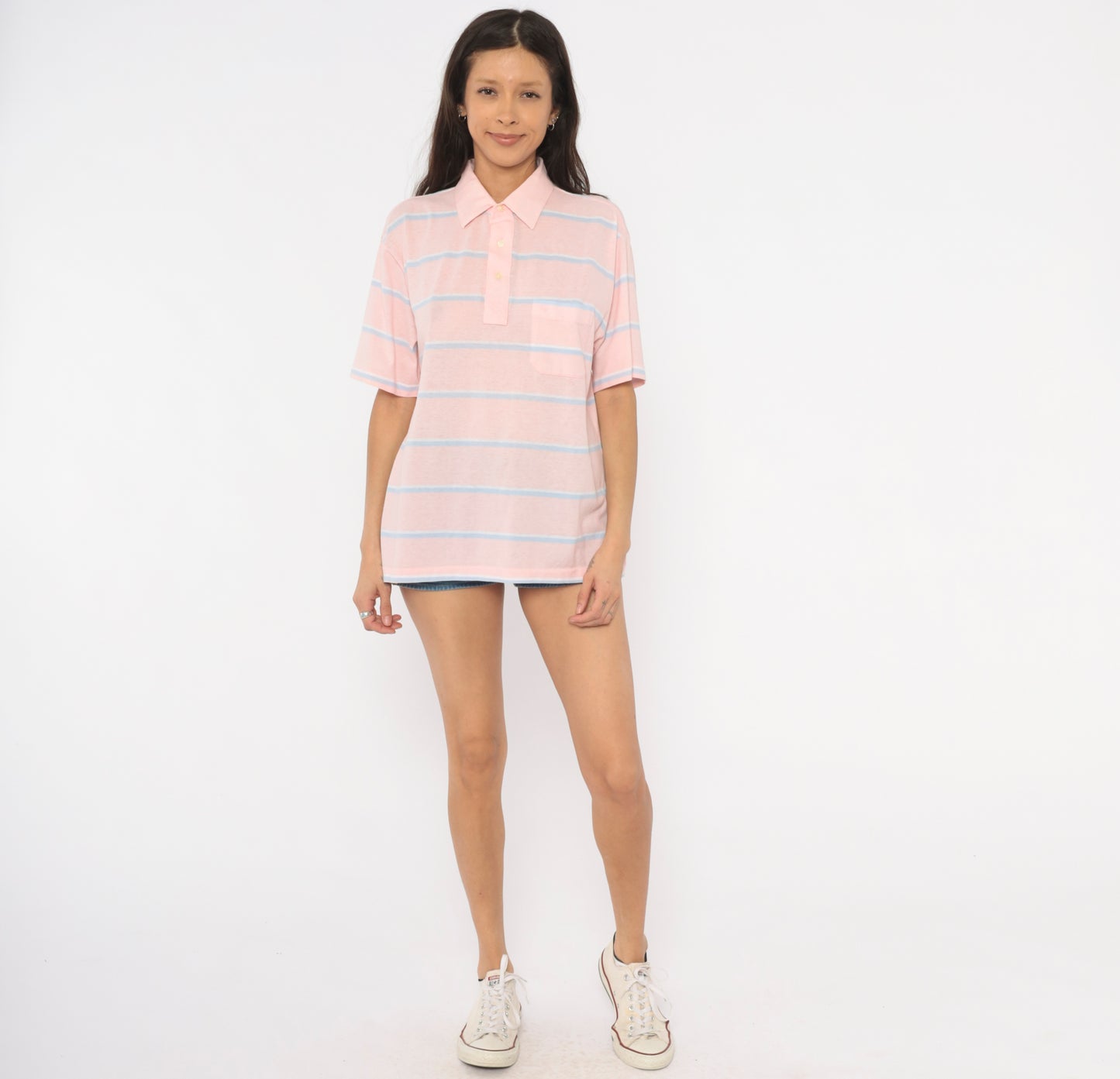 Christian Dior Polo 90s Striped Shirt Pink Blue Cotton Collared Top Pocket Pastel Blouse Preppy Collegiate Tennis Relaxed Fit Tee Large L