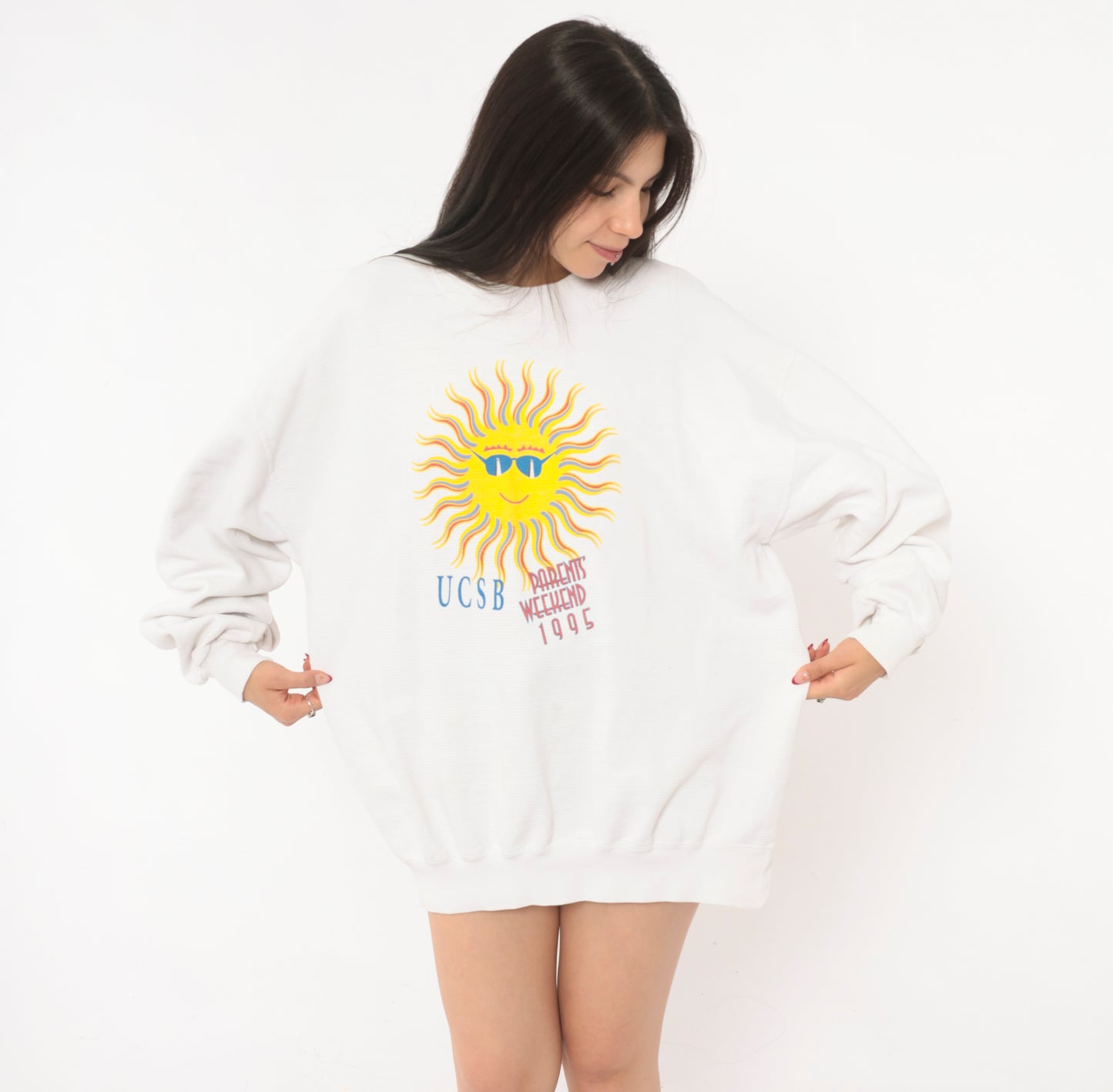 90s UCSB Sun Graphic Sweatshirt White Cotton College University Santa Barbara Pullover Collegiate Vintage Cream Unisex Top Extra Large XL