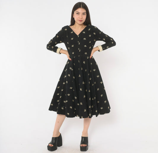 50s Embroidered Floral Dress Mr Mort Black Cream Cotton Fit Flare V Neck Long Sleeve Full Circle Skirt Swing Frock Midi Fur Cuff Dark Prairie Vintage Extra Small XS