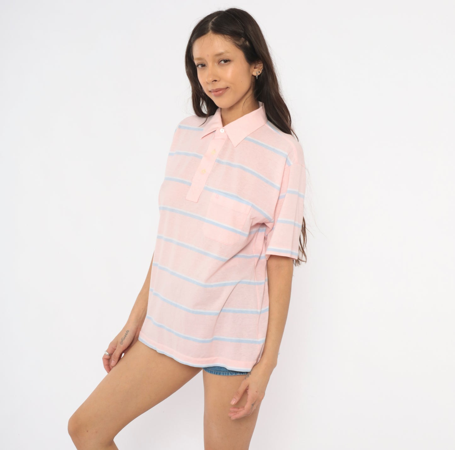 Christian Dior Polo 90s Striped Shirt Pink Blue Cotton Collared Top Pocket Pastel Blouse Preppy Collegiate Tennis Relaxed Fit Tee Large L